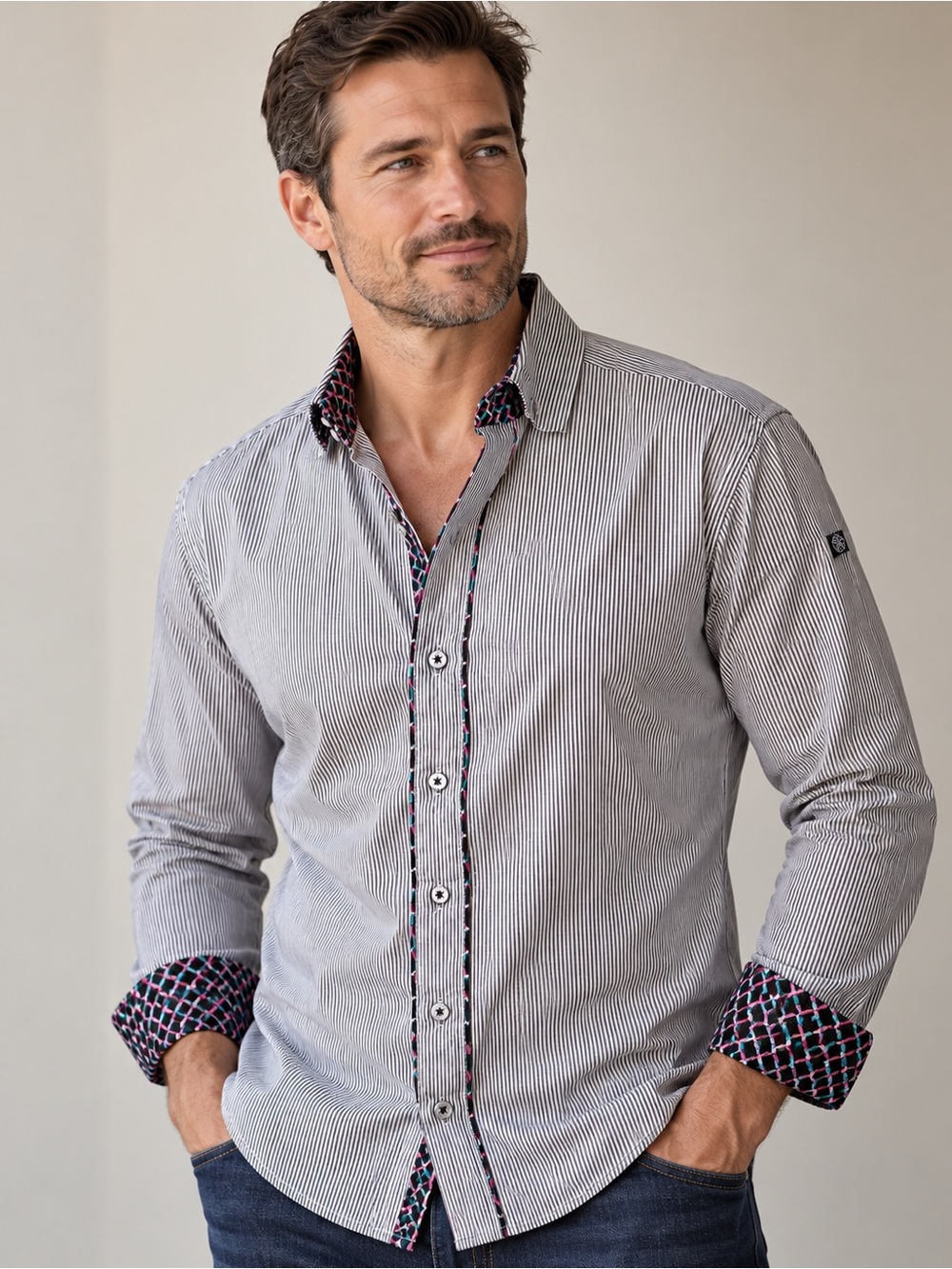 English Heroes Men’s M Pinstripe Button Down Shirt Contrast Cuff Collar Designer